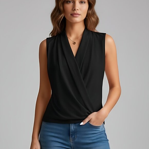 Black Ruched Wrap Tank Top - Picture 1 of 6